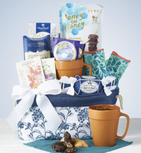 Mom will love a super cute Mother's Day Basket with unique blueberry tea, treats and gorgeous blue tote.
