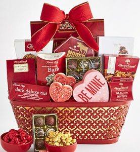Valentines gift basket brimming with chocolates and super cute gifts